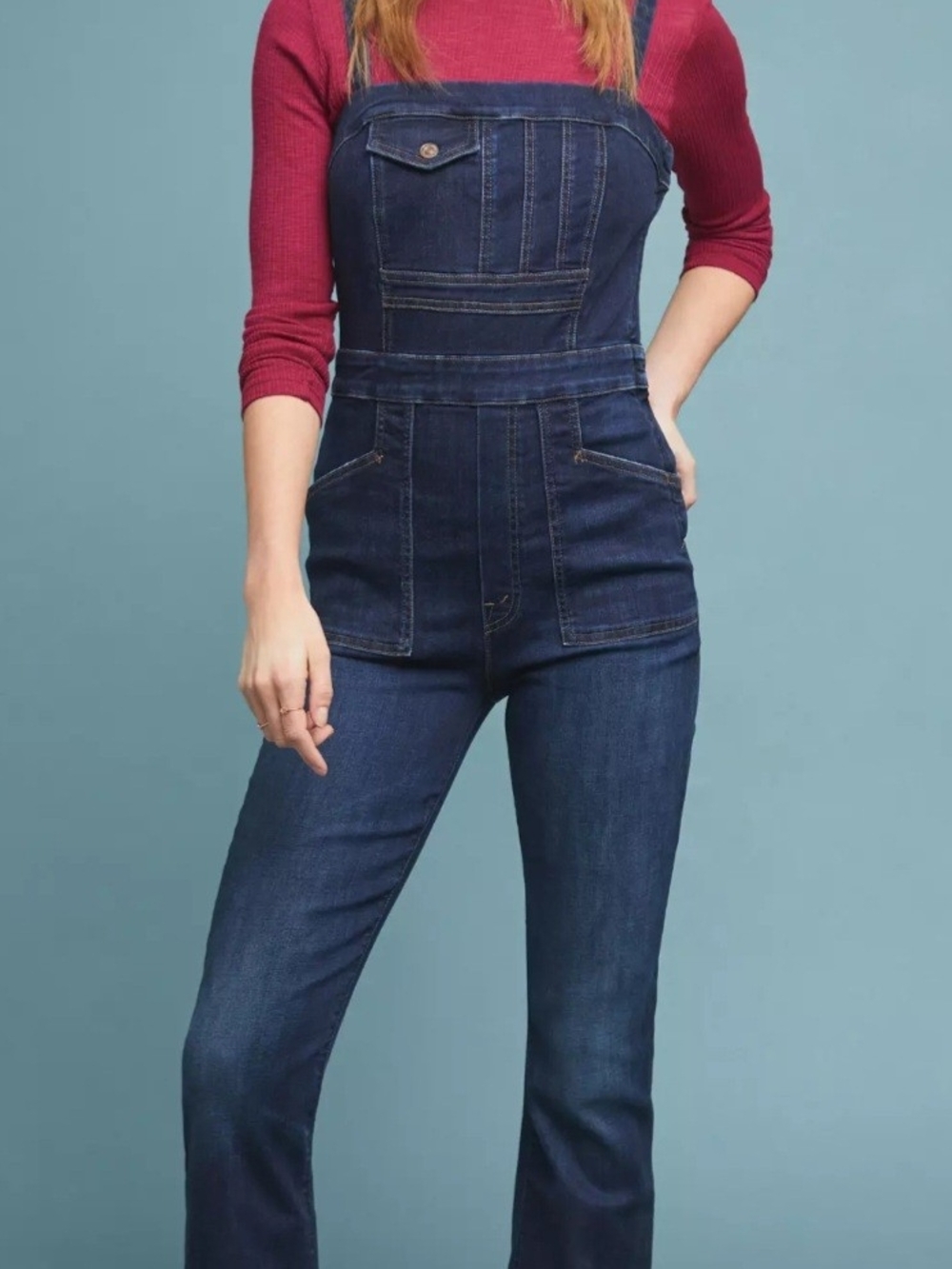 MOTHER Dark Blue Denim High-Waist Overalls with Ponte-style Bodice